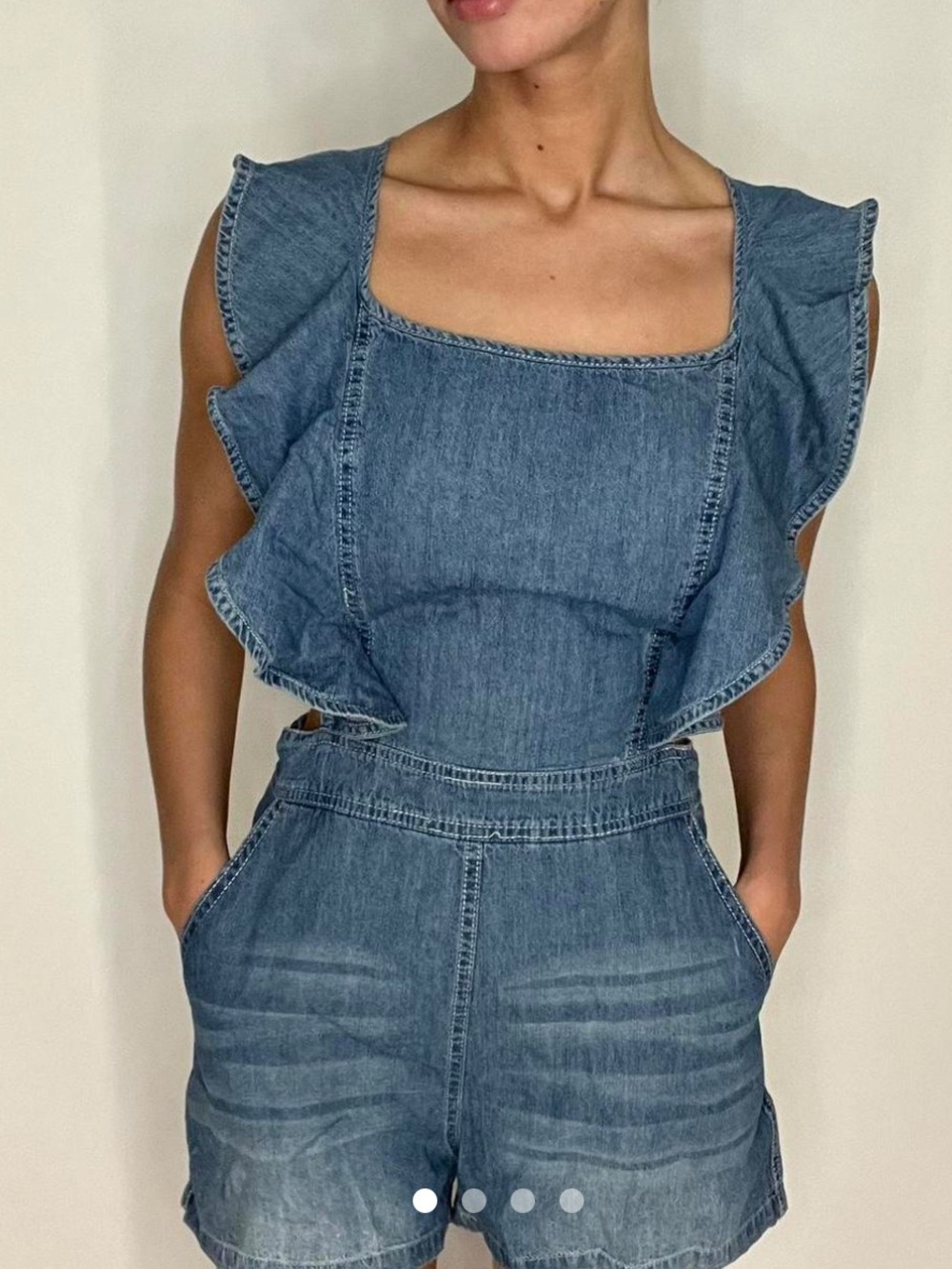 Do & Be Denim Ruffle Romper Open Back Lightweight Chambray Size S